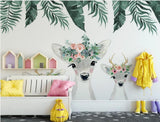 Floral forest deer children's mural wallpaper for a kids' room