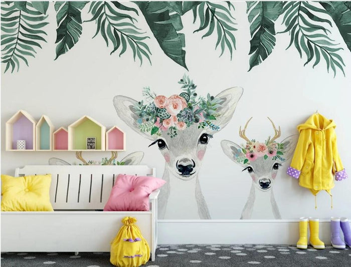 Floral forest deer children's mural wallpaper for a kids' room