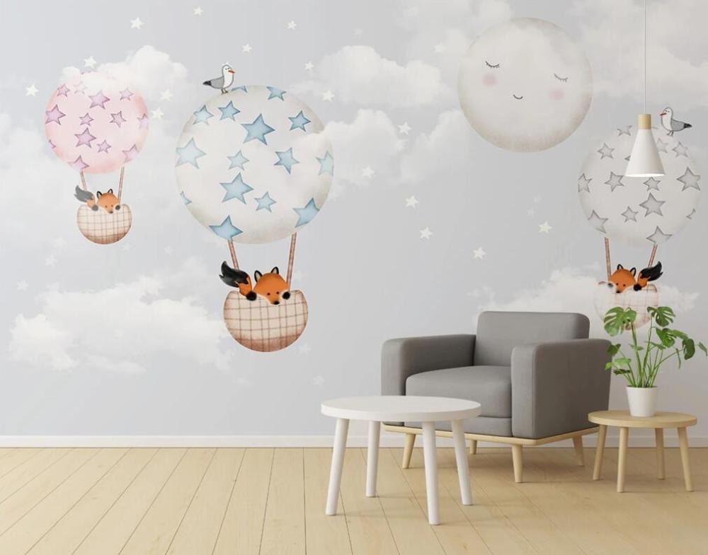 Foxes and hot air balloons children's mural wallpaper for a kids' room