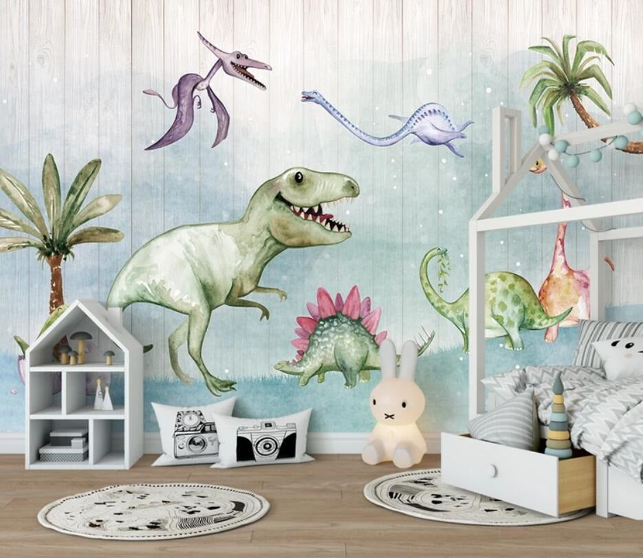 Cute nursery dinosaur friends mural wallpaper – design detail