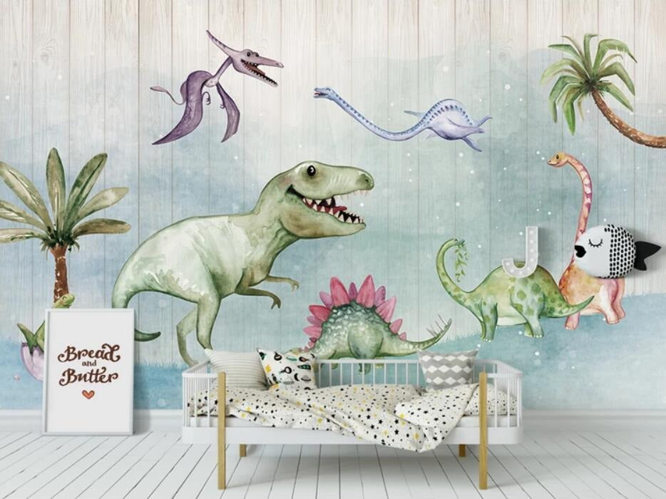 Cute dinosaur friends mural wallpaper for a nursery