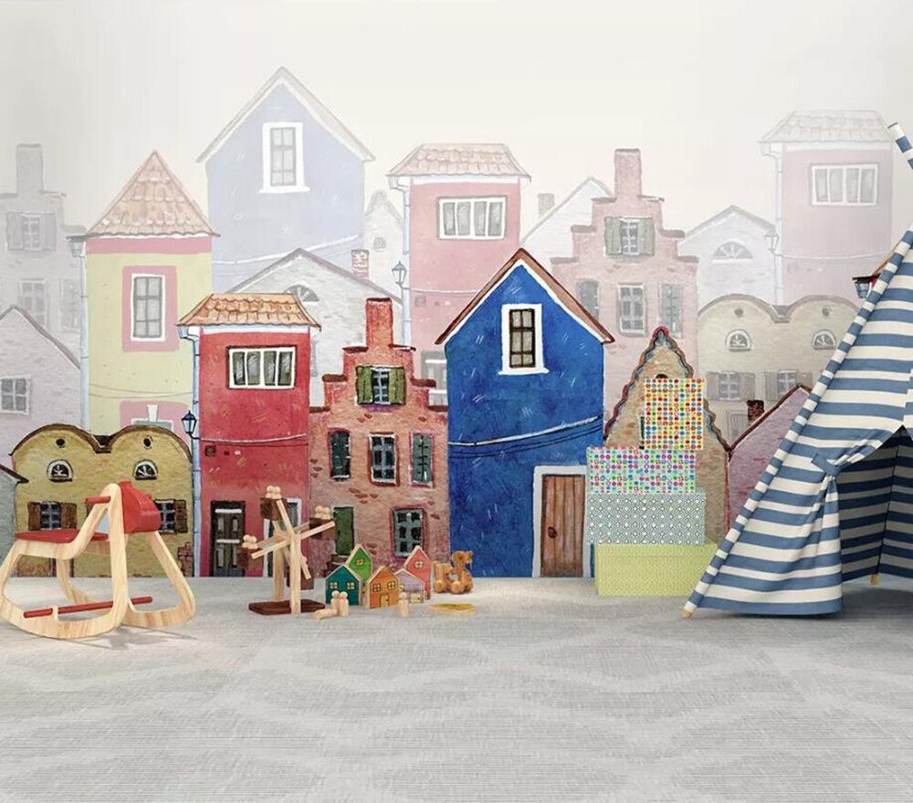 Nordic themed town mural wallpaper for a kids' room