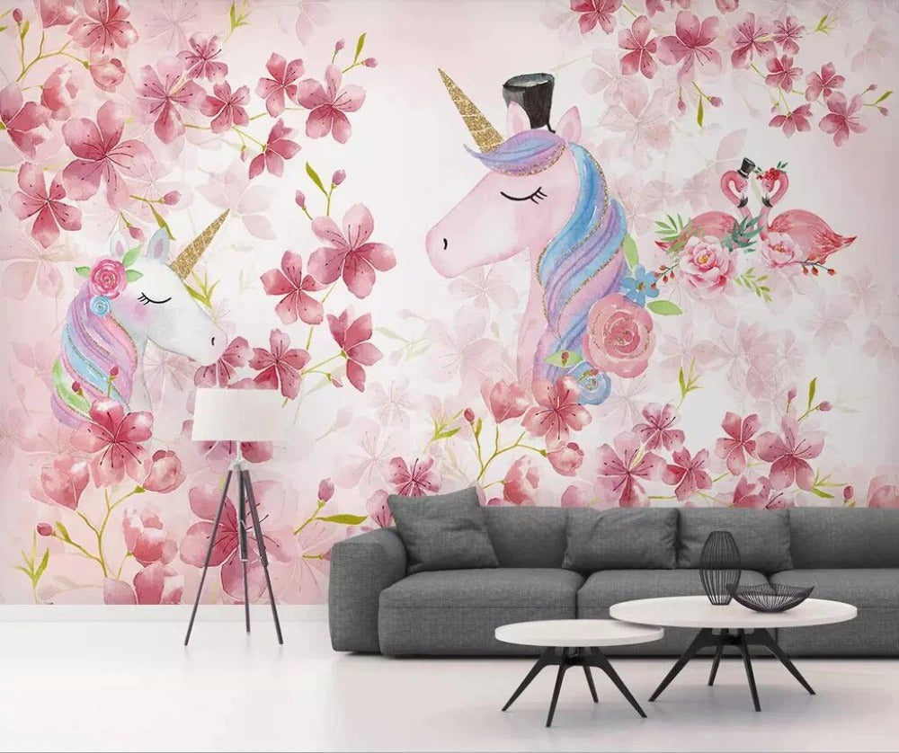 Floral unicorn children's mural wallpaper for a girls' room