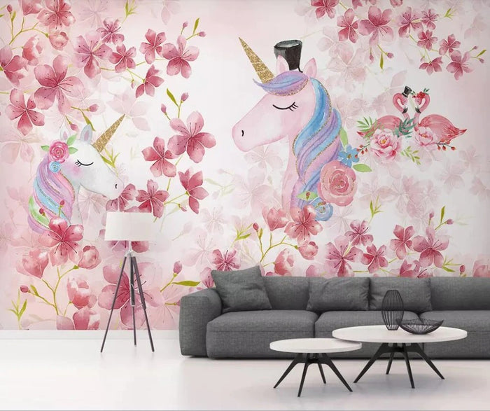 Floral unicorn children's mural wallpaper for a girls' room