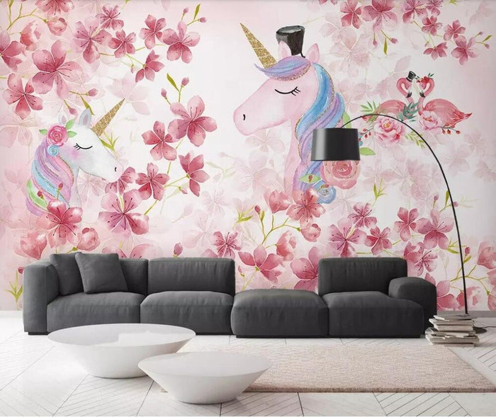 Floral unicorn girls' mural wallpaper – design detail