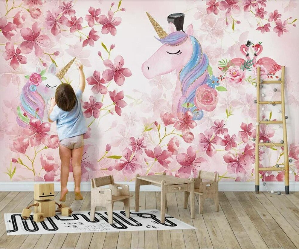 Floral unicorn girls' mural wallpaper – design detail