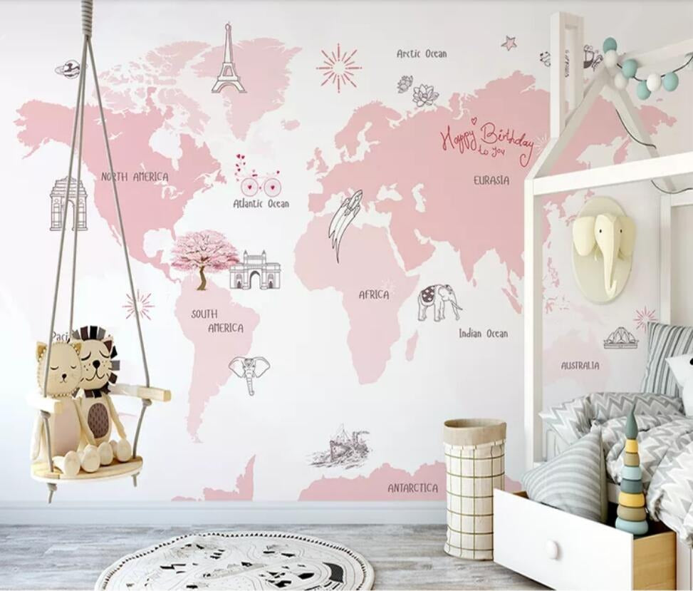 Girls pink and white world explorer map mural wallpaper – design detail