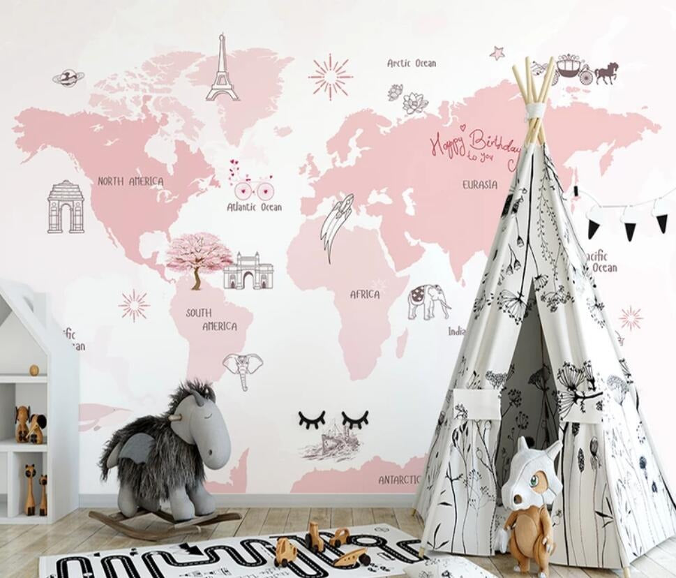 Girls pink and white world explorer map mural wallpaper for a girls' room