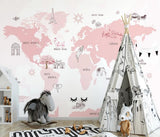 Girls pink and white world explorer map mural wallpaper for a girls' room