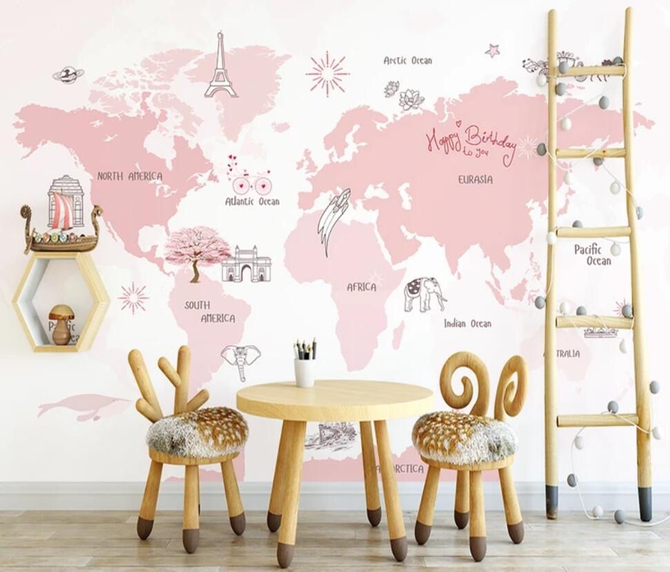Girls pink and white world explorer map mural wallpaper – design detail