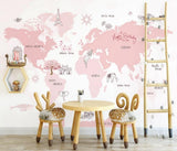 Girls pink and white world explorer map mural wallpaper – design detail