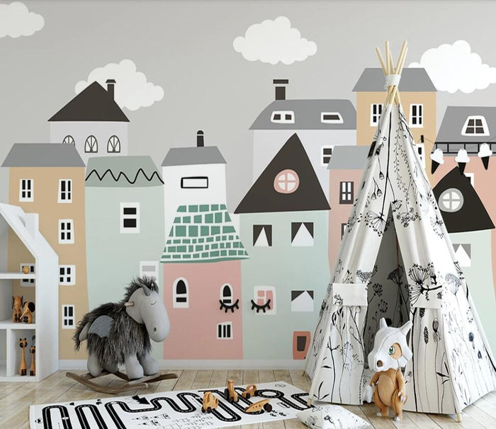 Cartoon coloured town children's mural wallpaper – design detail