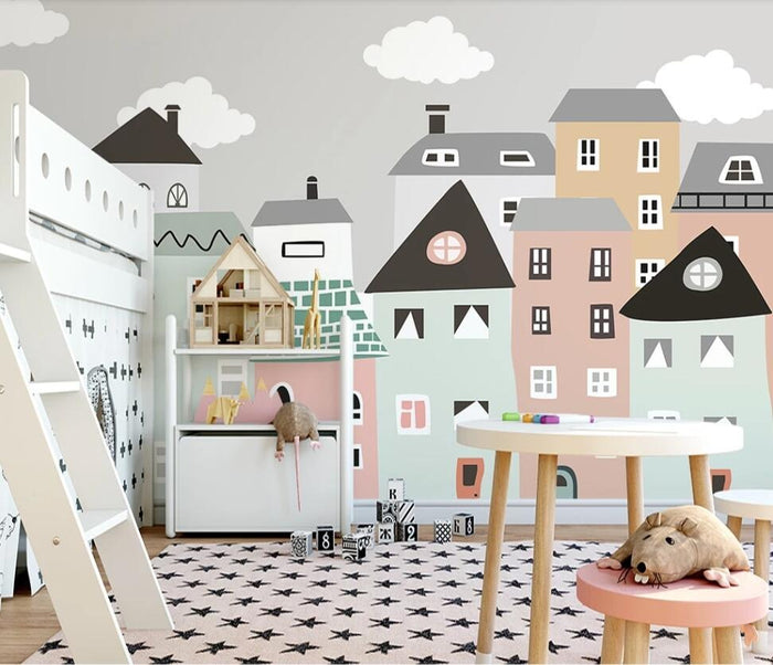 Cartoon coloured town children's mural wallpaper for a kids' room