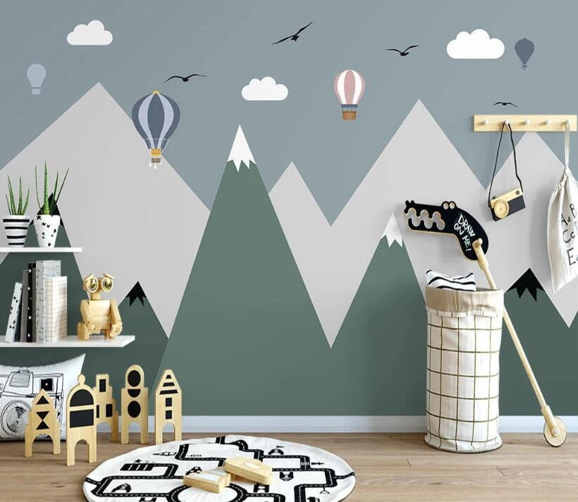 Boys blue mountains and grey skies mural wallpaper for a boys' room
