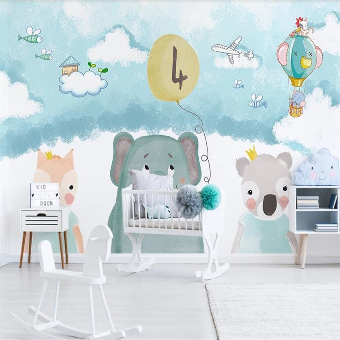 Cartoon bears, balloons and elephants children's mural wallpaper for a kids' room