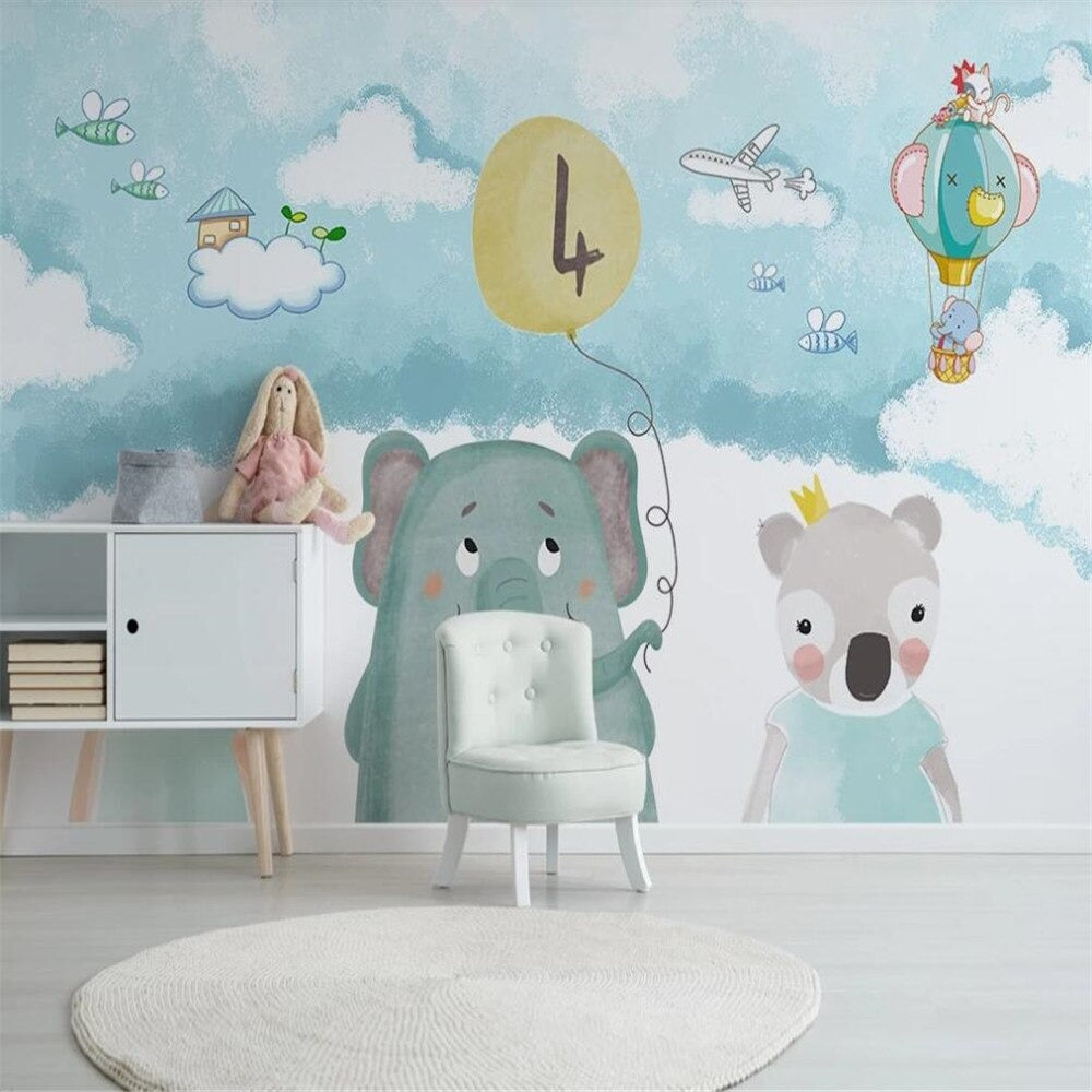 Cartoon bears, balloons and elephants children's mural wallpaper – design detail