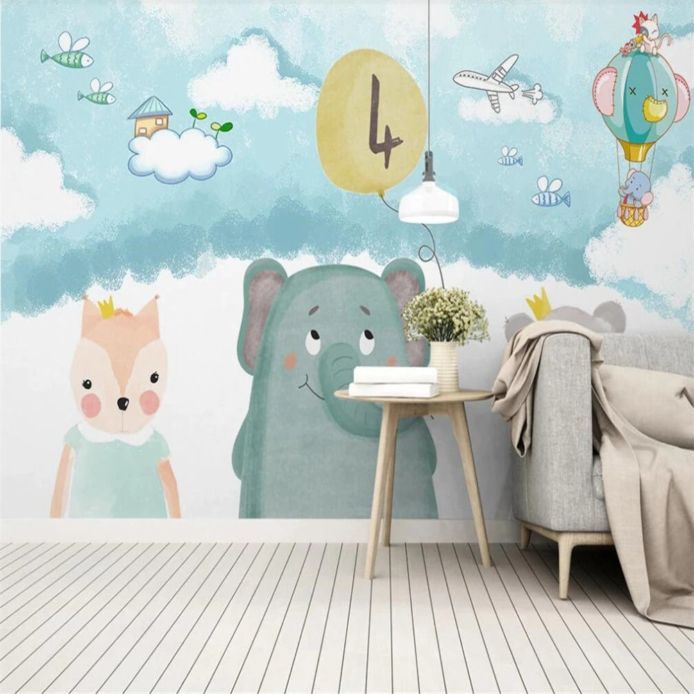 Cartoon bears, balloons and elephants children's mural wallpaper – design detail