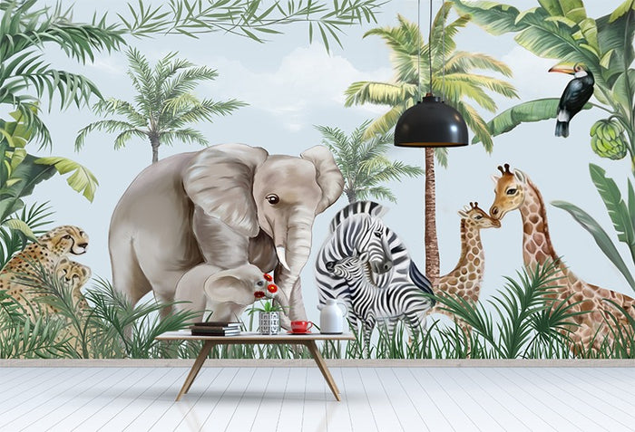 Jungle animals mother and baby love mural wallpaper – design detail