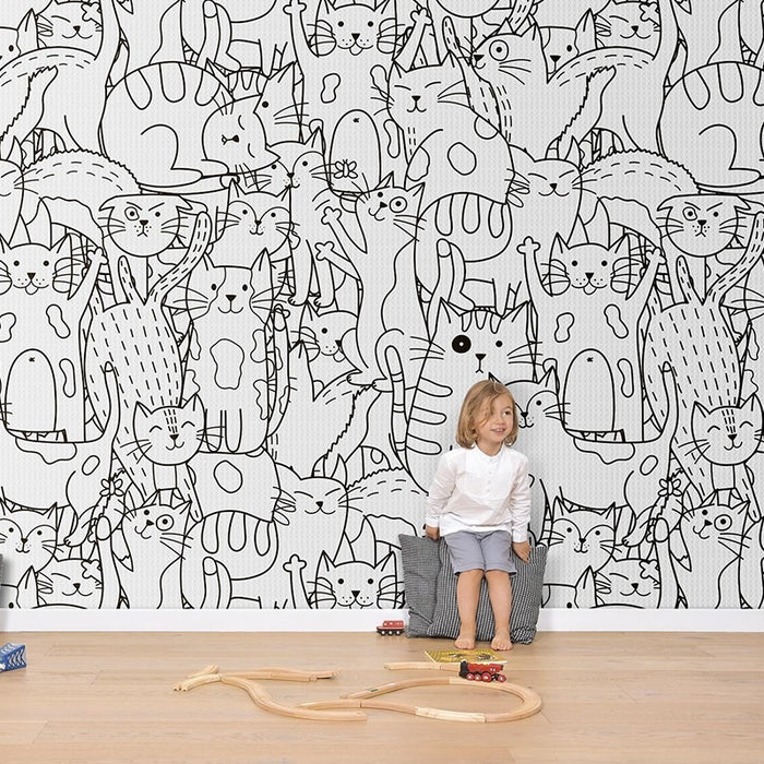 Monochrome abstract kitten children's mural wallpaper for a kids' room