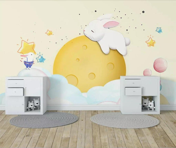 Cute bunny on the moon mural wallpaper for a nursery