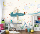 Flying airplane bunny rabbit children's mural wallpaper – design detail