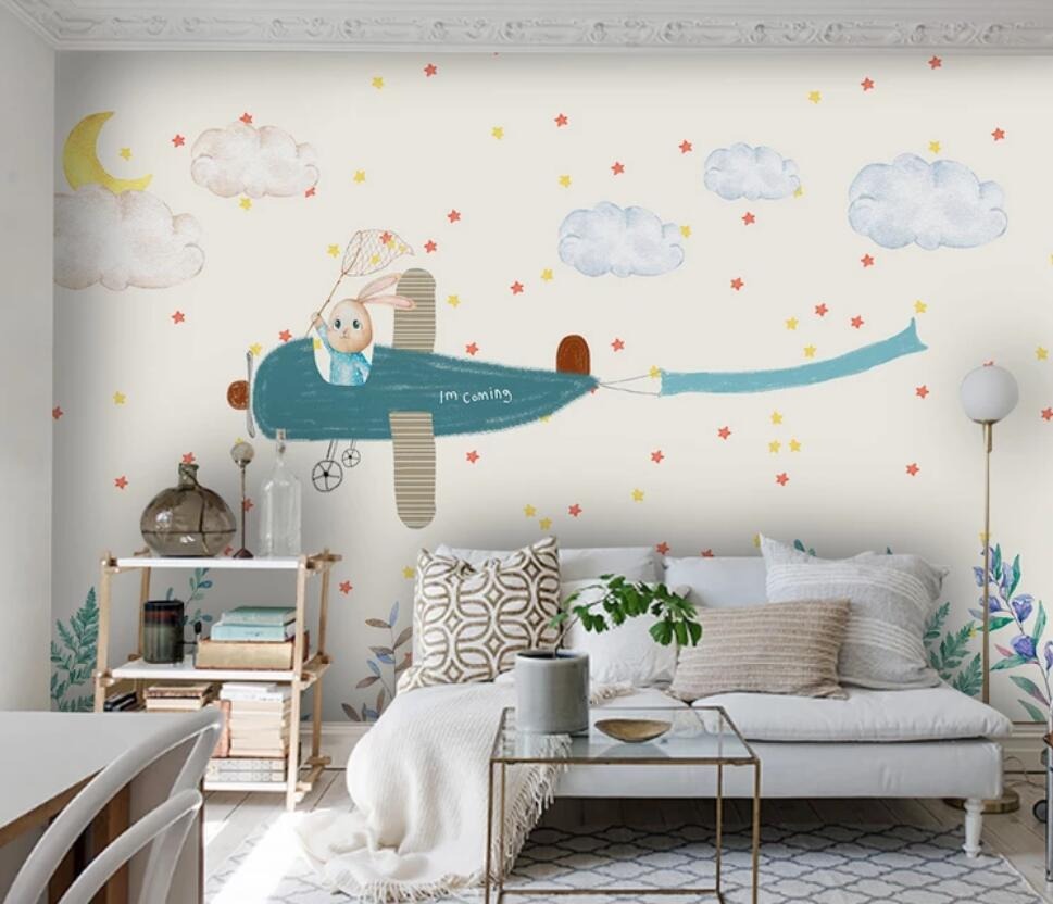 Flying airplane bunny rabbit children's mural wallpaper – design detail