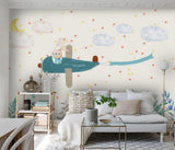 Flying airplane bunny rabbit children's mural wallpaper – design detail