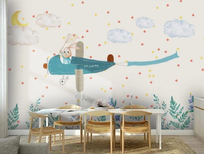 Flying airplane bunny rabbit children's mural wallpaper for a kids' room