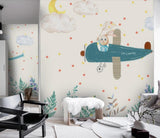 Flying airplane bunny rabbit children's mural wallpaper – design detail