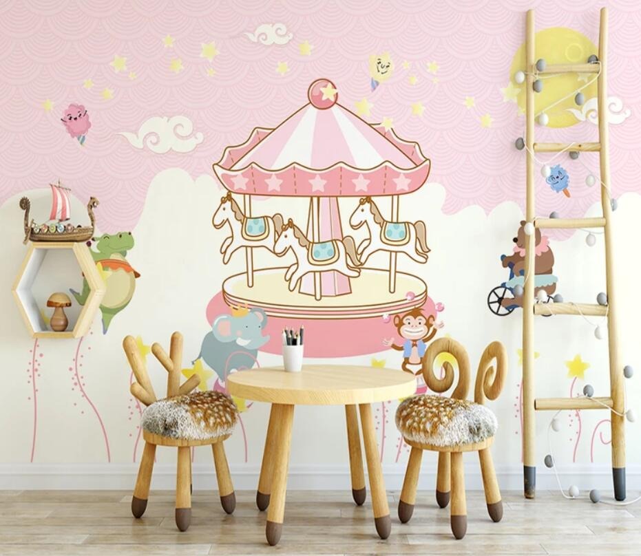 Unicorn merry go round circus girls' mural wallpaper – design detail