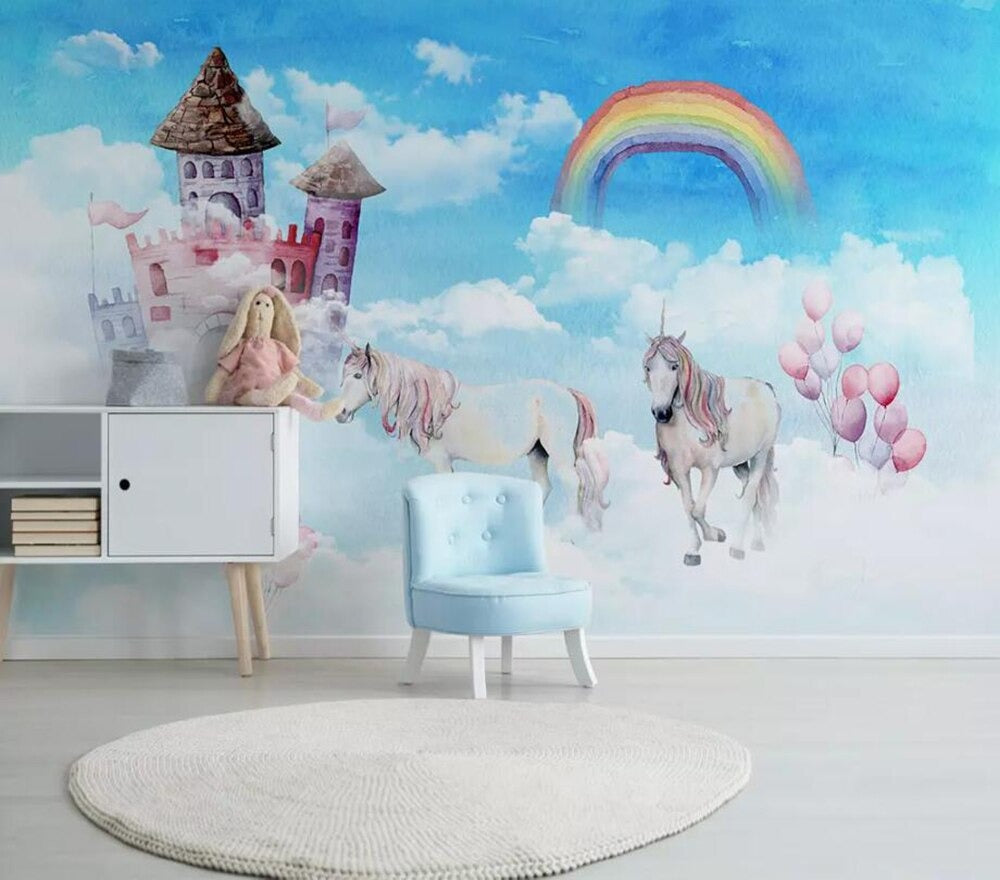 Blue unicorn & rainbow castle mural wallpaper – design detail
