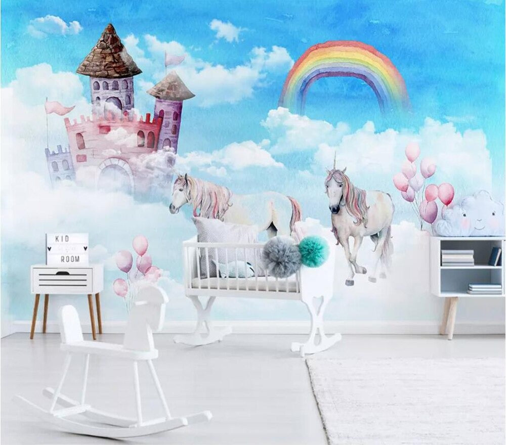 Blue unicorn & rainbow castle mural wallpaper – design detail