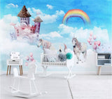 Blue unicorn & rainbow castle mural wallpaper – design detail