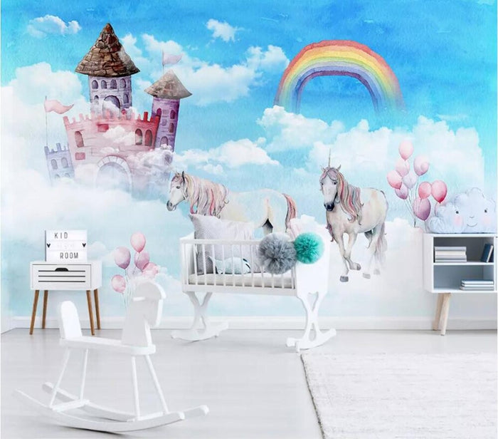 Blue unicorn & rainbow castle mural wallpaper – design detail