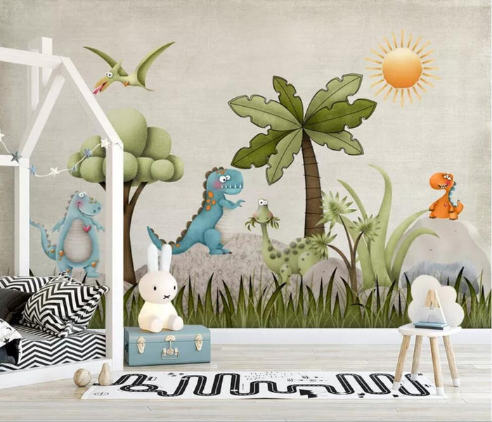 Dinosaur forest children's mural wallpaper for a boys' room