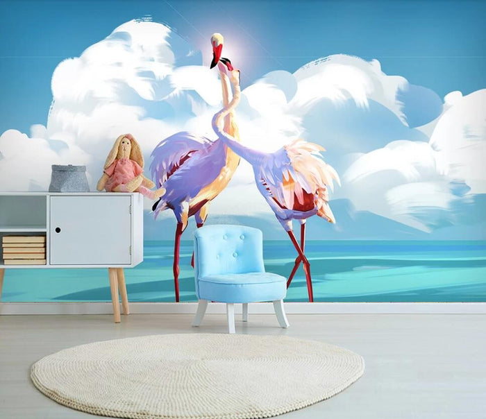 Flamingo love birds mural wallpaper – pink flamingo on a blue and white tropical backdrop