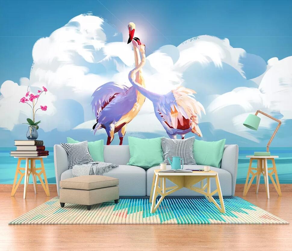 Flamingo love birds tropical mural wallpaper – design detail