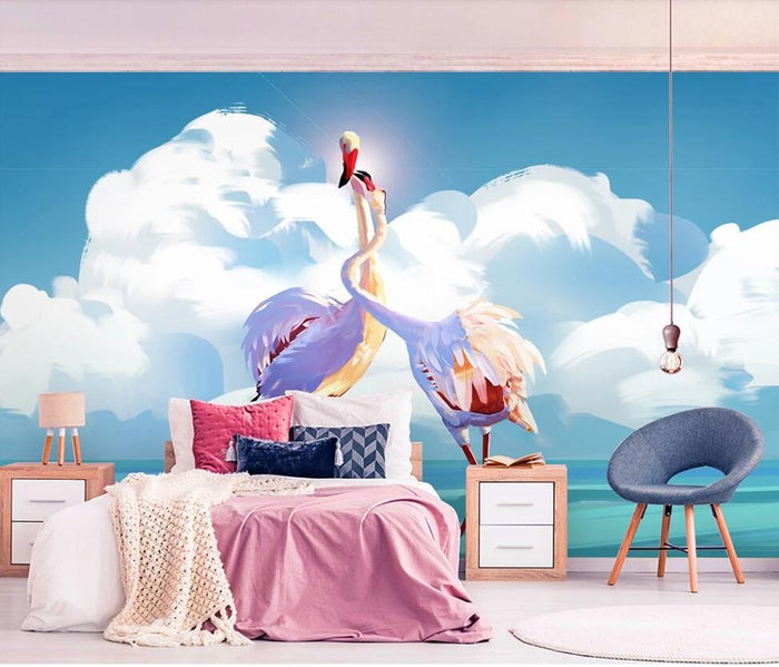 Flamingo love birds tropical mural wallpaper – design detail