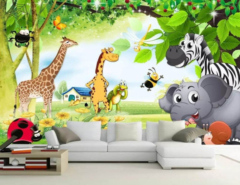 Cartoon jungle animals children's mural wallpaper – design detail
