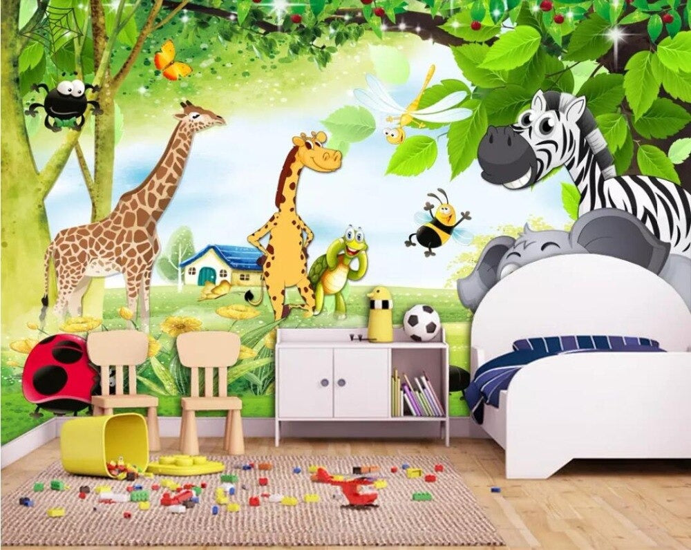 Cartoon jungle animals children's mural wallpaper – design detail