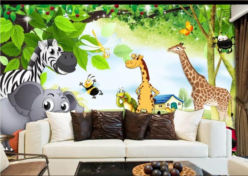 Cartoon jungle animals children's mural wallpaper – design detail