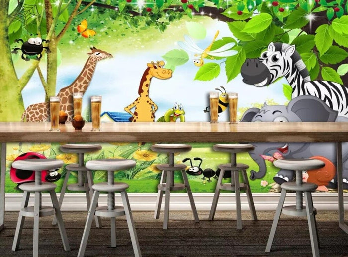 Cartoon jungle animals children's mural wallpaper – design detail