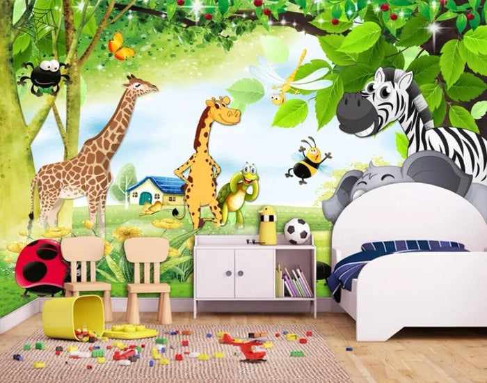 Cartoon jungle animals children's mural wallpaper for a kids' room