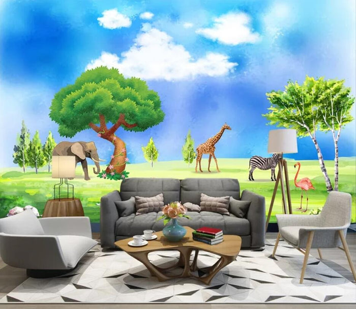 Bright zoo landscape children's mural wallpaper – design detail