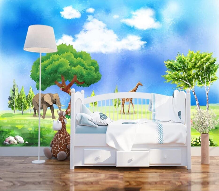 Bright zoo landscape children's mural wallpaper for a kids' room