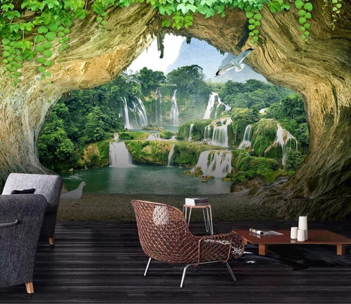 Bright waterfall scenery mural wallpaper – design detail