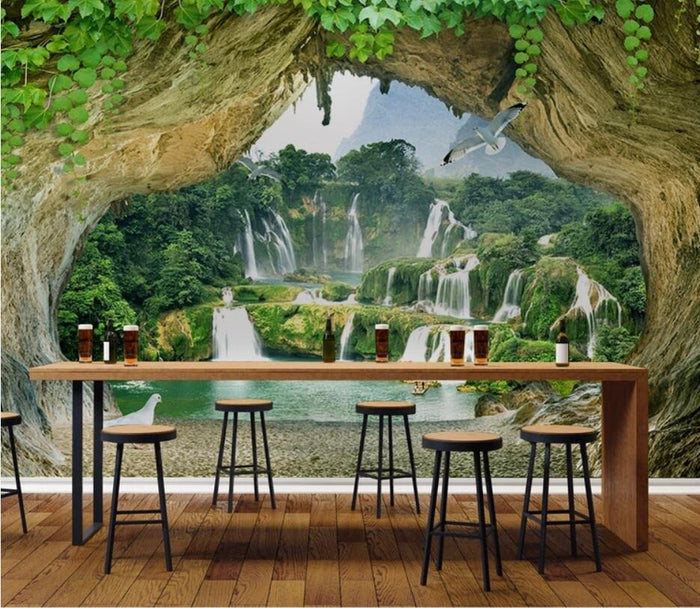 Bright waterfall scenery mural wallpaper for a living room